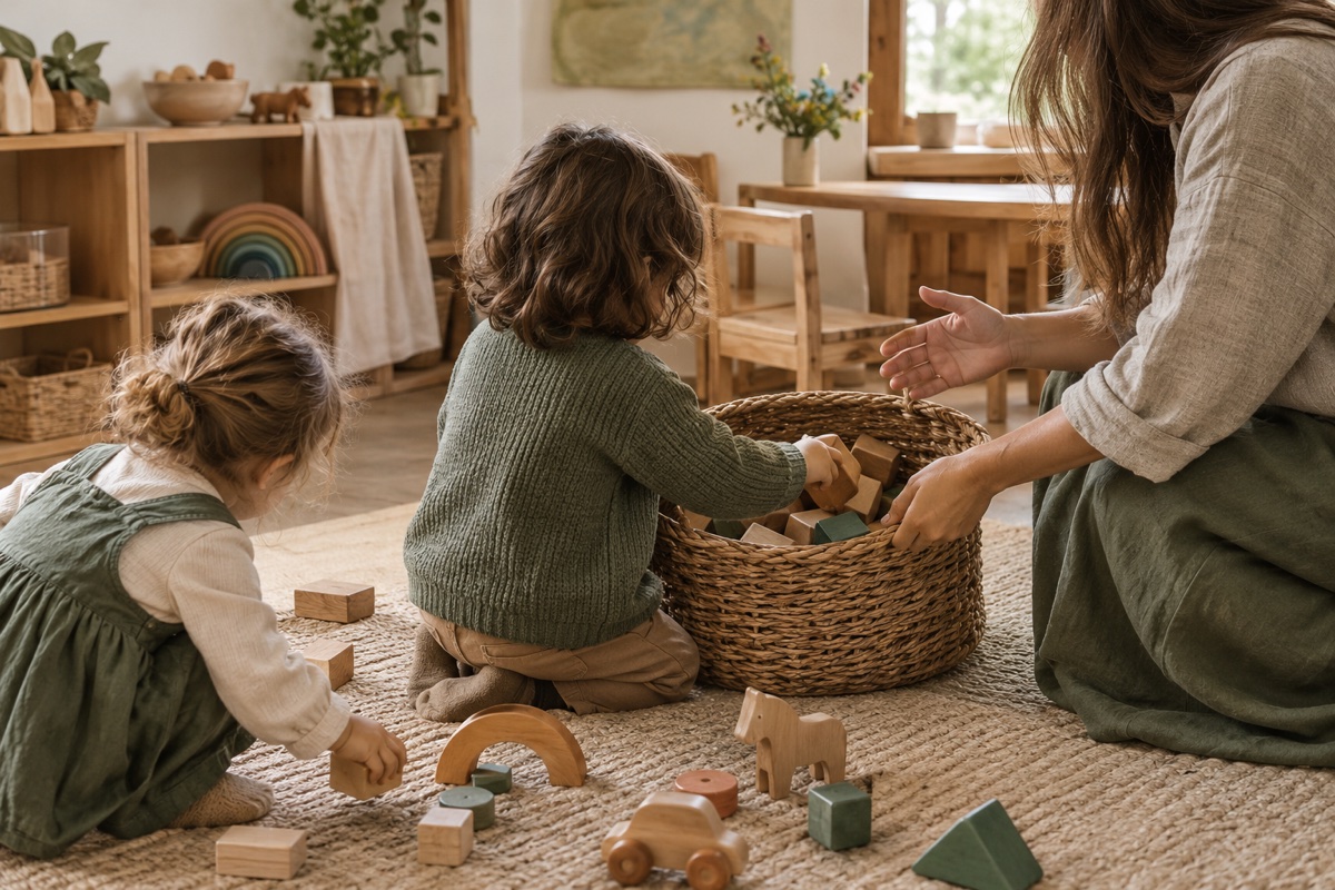 Niños y una persona adulta comparten un espacio de juego con bloques de madera